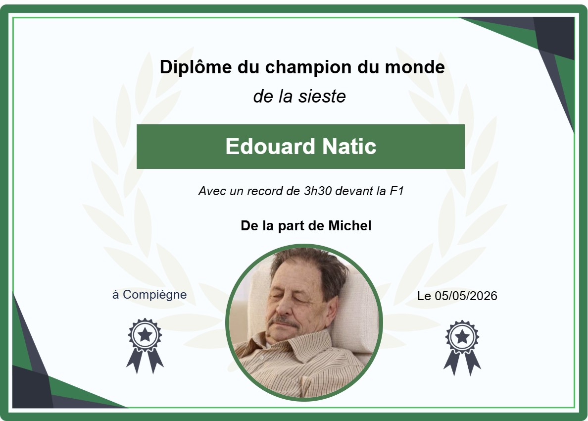 Diplôme du champion de la sieste à personnaliser en PDF