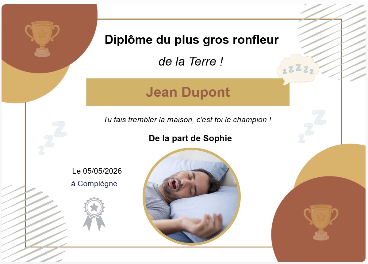 Diplôme du plus gros ronfleur du monde à personnaliser