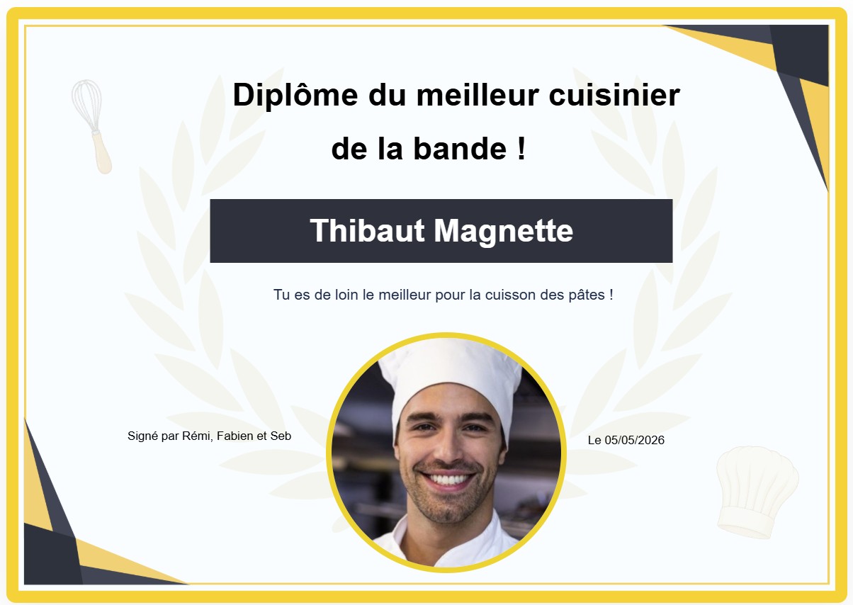 Diplome du meilleur cuisinier à personnaliser