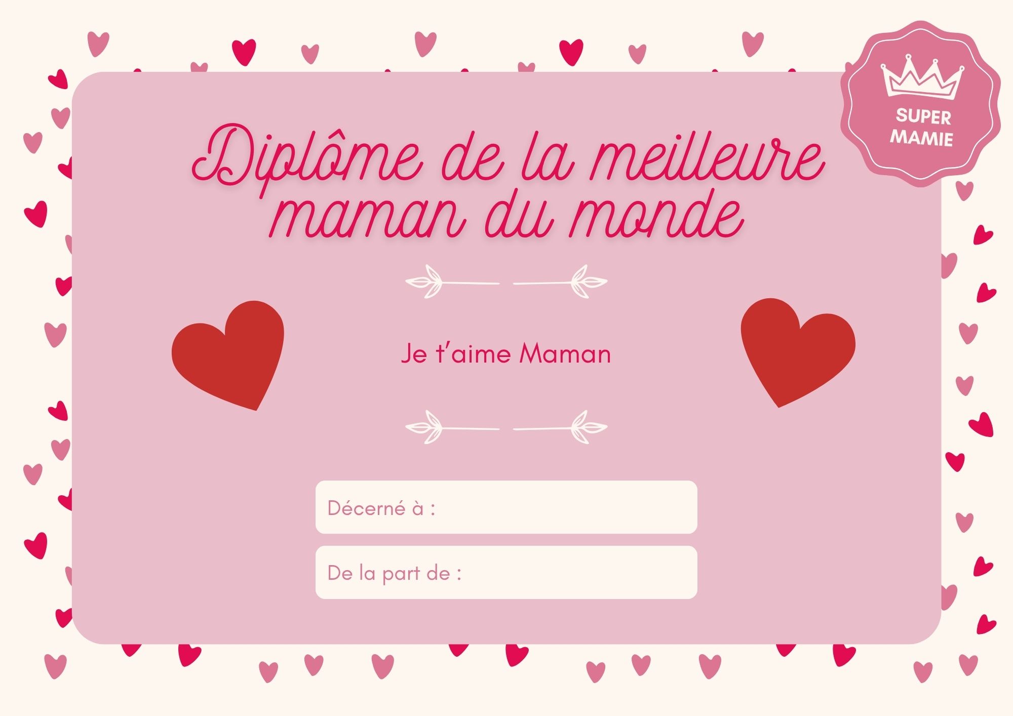 Diplome meilleure maman du monde à imprimer PDF