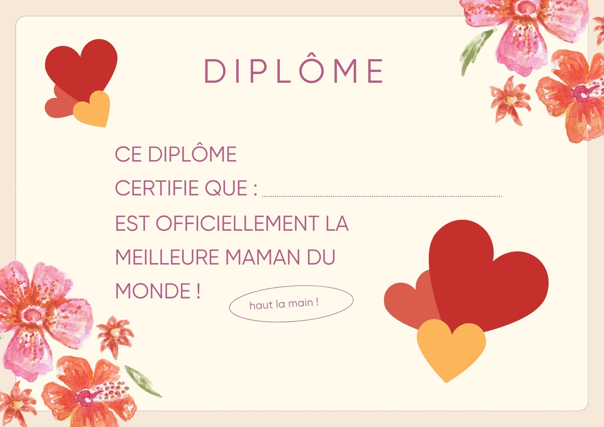Diplome meilleure maman avec des coeurs à imprimer PDF