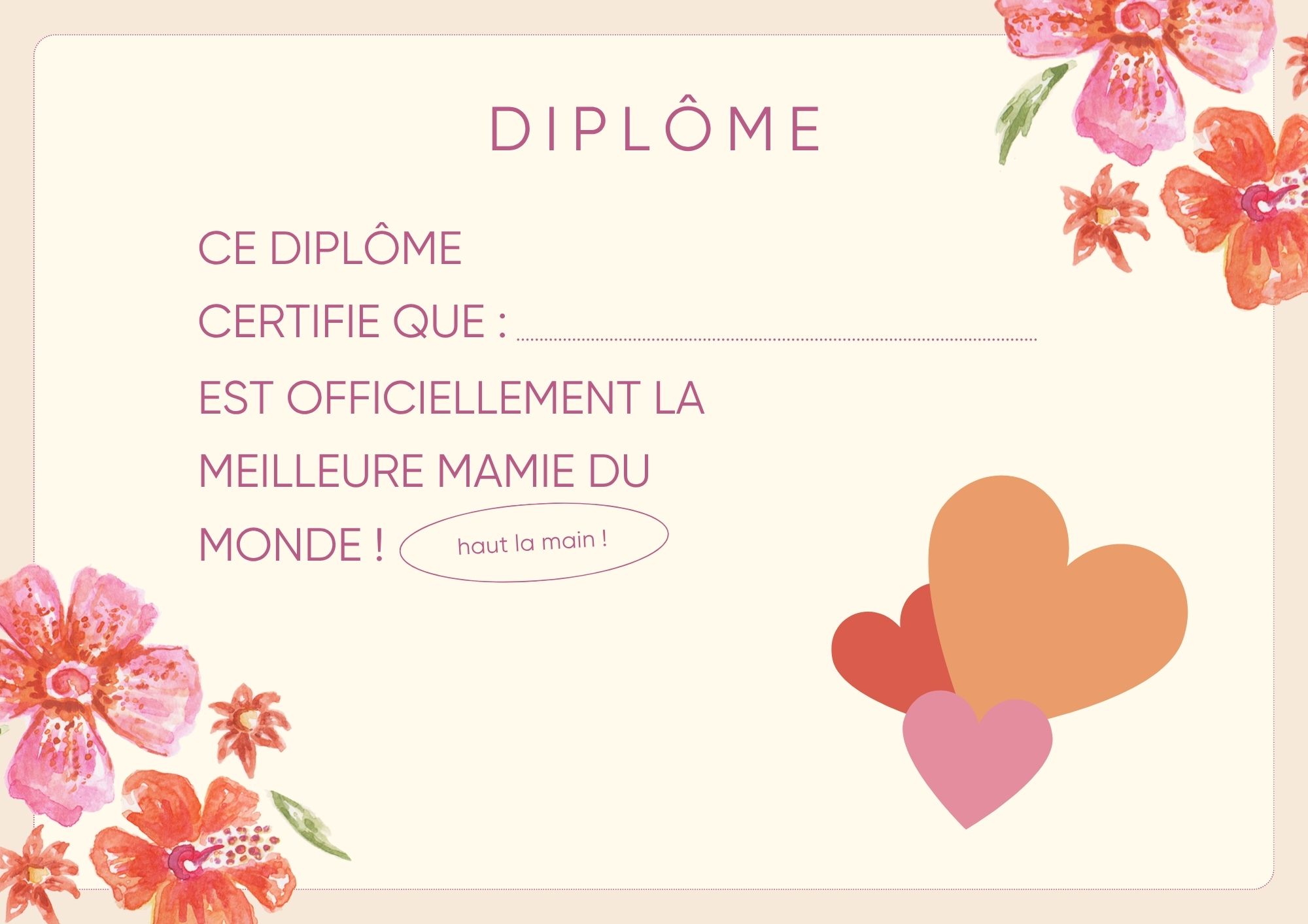 Diplome meilleure mamie avec des coeurs à imprimer PDF