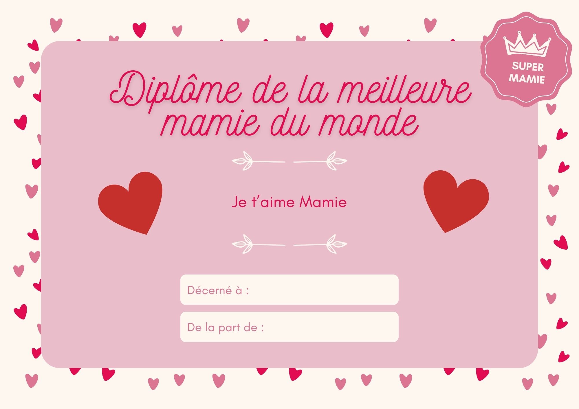 Diplome meilleure mamie du monde à imprimer PDF