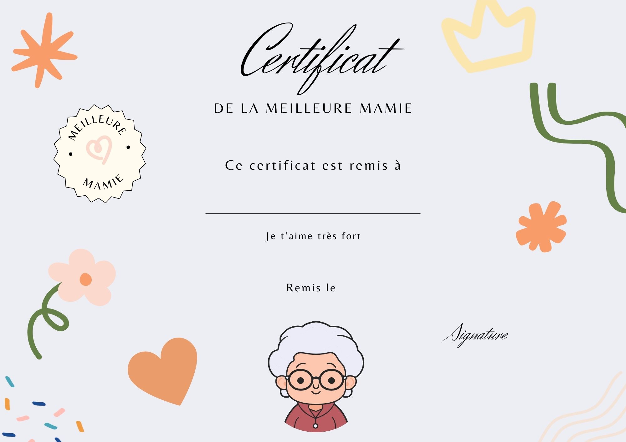 certificat meilleure mamie a télécharger à imprimer PDF
